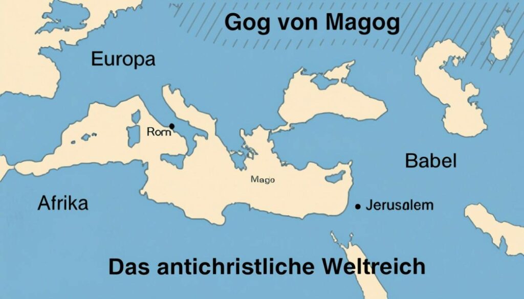 Eine Weltkarte mit den Kontinenten Europa, Afrika und Asien. Das antichristliche Weltreich Gog und Magog ist hervorgehoben.