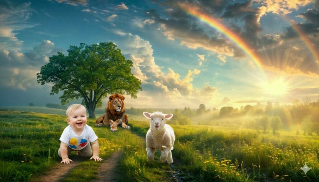 Ein Baby und Tiere im 1000-jährigen Reich des Friedens