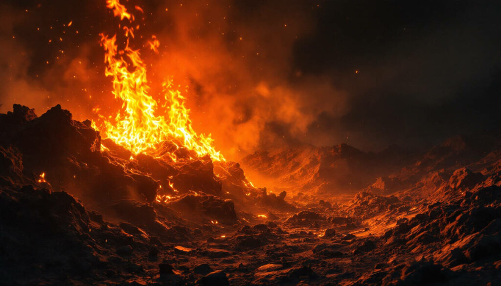 Die Hölle ist Ein Lava-Fluss mit hellen Flammen in der Dunkelheit. Die Szene zeigt eine intensive und dramatische Landschaft die der Hölle ähnelt.