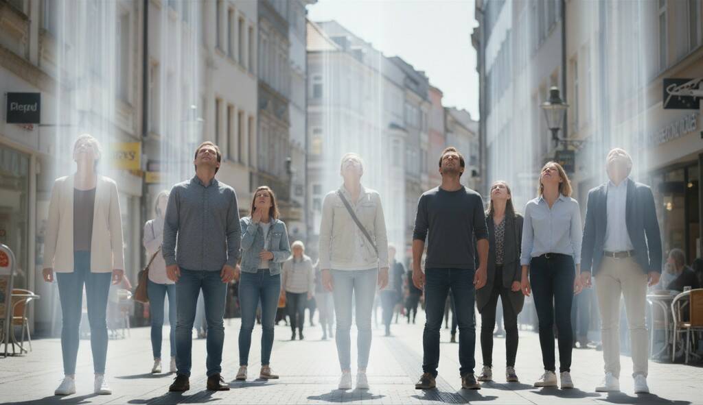 Eine Gruppe von Menschen steht auf einer Stadtstraße. Manche von Ihnen werden gerade entrückt. Darum schreibe auch du eine E-Mail nach der Entrückung.